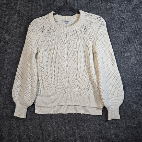 Madewell Sweaters - Madewell Sweater Womens XS Cream White Puff Sleeve Shaker Stitch Crew Neck Cozy